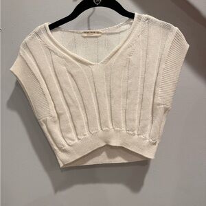 Cropped White Knit V-Neck Sweater Top